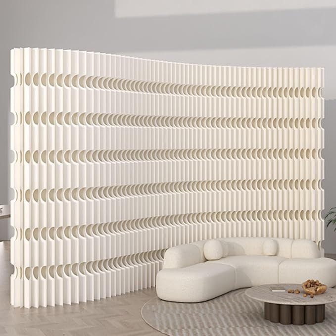 Foldable Accordion Room Divider, Wave-Shaped Freestanding Privacy Screen, Portable Paper Partition Wall, No Drilling Temporary Room Separator for Modern Home Office, Studio, Apartment, White