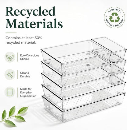 8 Pack Large Clear Plastic Drawer Organizer Bins - Acrylic Bathroom Drawer Organizer Trays - Heavy Duty Kitchen Drawer Dividers for Utensils - Non-Slip Storage Bins for Makeup, Bedroom, Office Desk