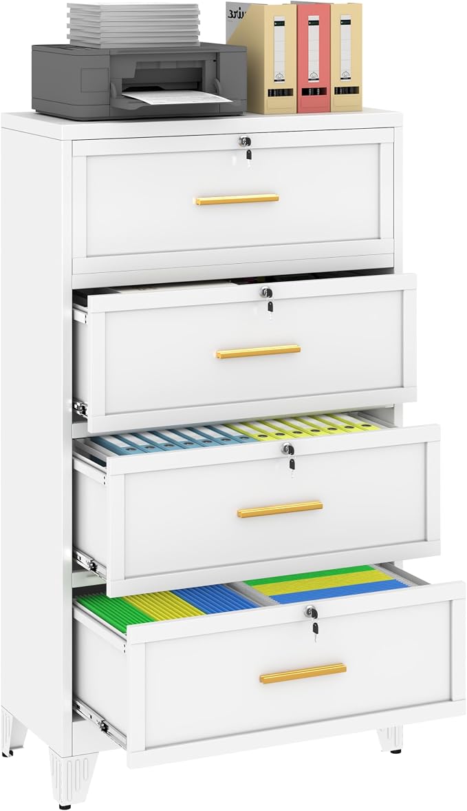 Metal Lateral File Cabinet with Lock,4 Drawer Steel Wide Filing Organization Storage Cabinets for Legal/Letter/A4/F4 Size with Hanging Files&Key,Lockable Printer Stand for Home Office, White