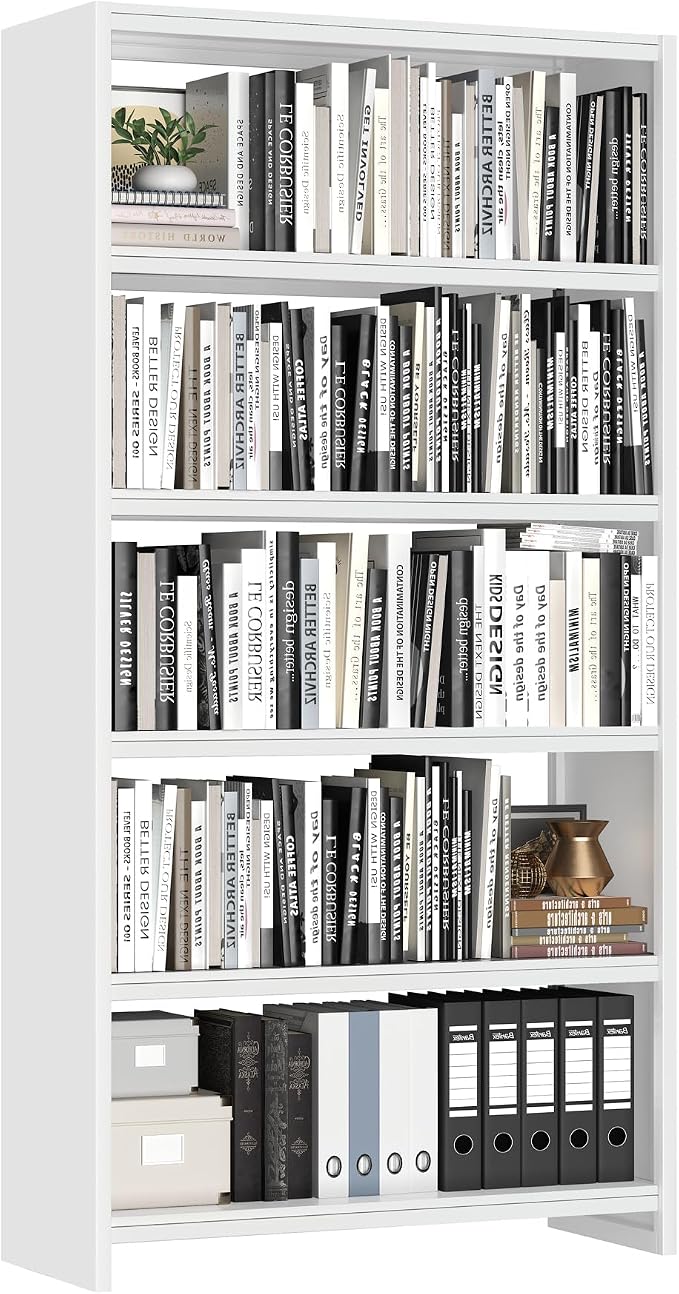 OSEILLC Bookshelf, 69" Tall White Bookshelf with 5 Storage Shelves, Large Metal Bookshelves, 5 Tier Sturdy Bookcase for Living Room, Library, Office, Bedroom, Including Book Stopper,Simple Assembly
