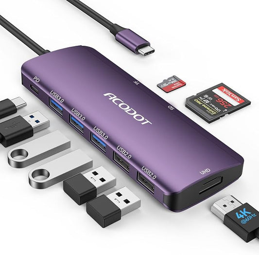 USB C Hub, 9-in-1 Multi-Port USB Adapter, 4K@60Hz HDMI, 100W Max PD, 3 USB3.0(5Gbps) + 2 USB2.0 Data Ports, SD/TF Card Reader for MacBook, iPad Pro, Dell, HP, Lenovo, Windows Laptop, Purple