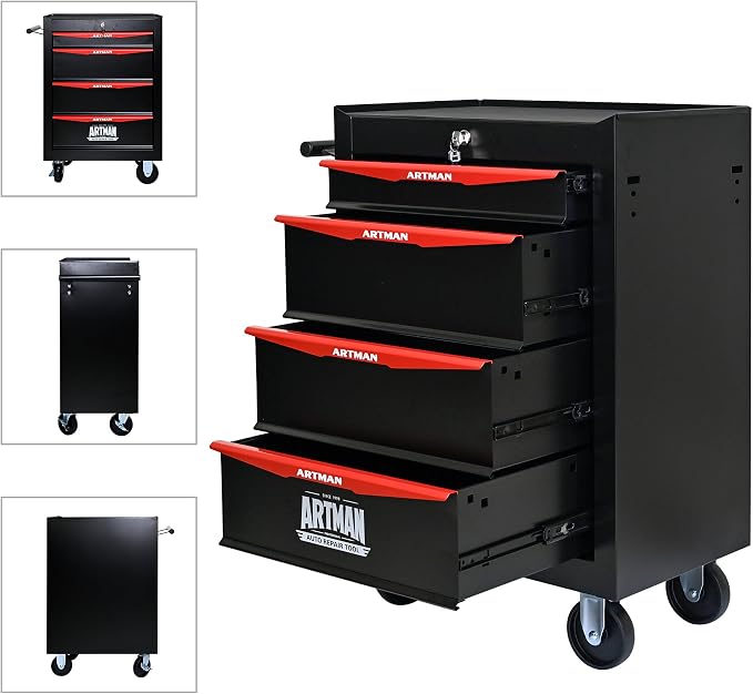 RYH 4/5/6/7 Drawers Rolling Tool Chest - Heavy Duty Mobile Tool Cart with Locking Wheels & Ball Bearing Drawers, 30.5" H x 20.9" W x13 D Garage Tool Storage Cabinet，Metal Tool Box (Black, 4 Drawers)