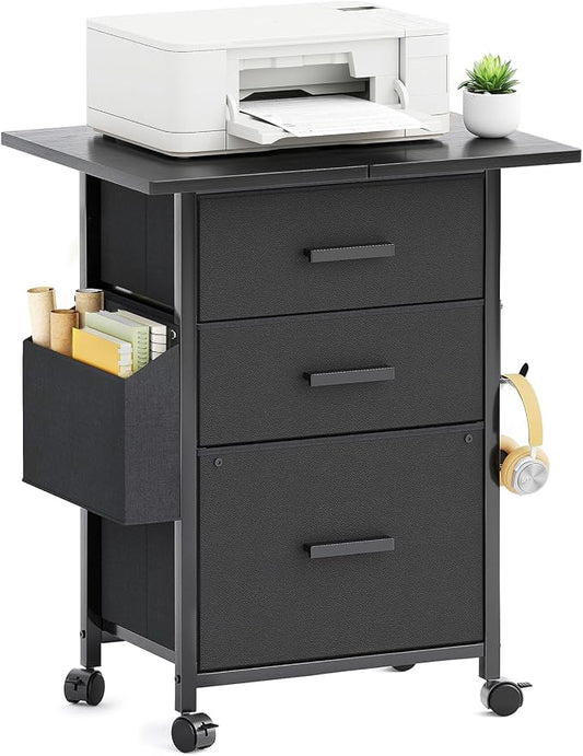 Mexin 3 Drawer File Cabinet with 22'' Extended Desktop, Mobile Filing Cabinet, Printer Stand, Rolling Printer Stand with Side Bag, Fabric Drawer, Fits A4 Size, Home Office, Black