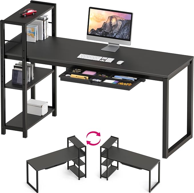 SHW 46-Inch Home Office Mission Computer Desk with Side Shelf and Drawer, Black
