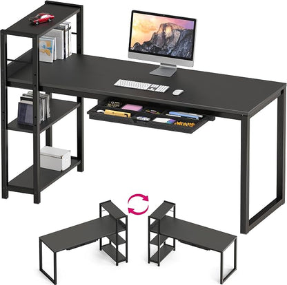 SHW 46-Inch Home Office Mission Computer Desk with Side Shelf and Drawer, Black