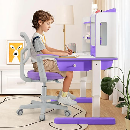 Giantex Kids Desk Chair, Ergonomic Adjustable Student Rolling Chair with Footrest & Flip-up Armrest, Mesh Children Office Chair with Universal Wheels, Kids Computer Chair for Boys & Girls, Purple