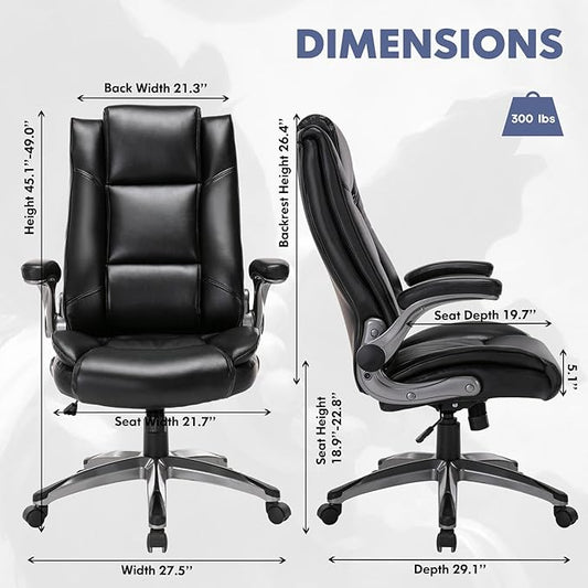 COLAMY Leather Executive Office Chair - High Back Ergonomic Home Computer Desk Chair with Padded Flip-up Arms, Adjustable Tilt Lock, Swivel Rolling Chair for Adult Working Study, Black
