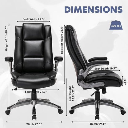 COLAMY Leather Executive Office Chair Set of 2 - High Back Ergonomic Home Computer Desk Chair with Padded Flip-up Arms, Adjustable Tilt Lock, Swivel Rolling Chair for Adult Working Study, Black
