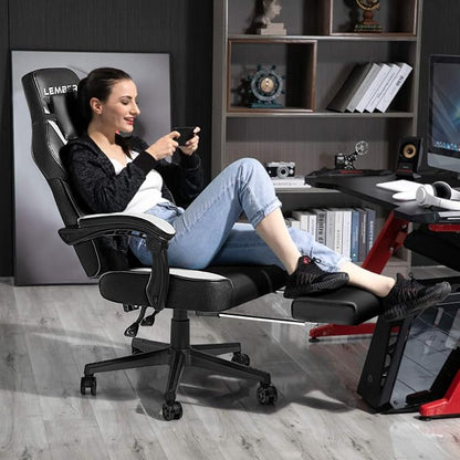 LEMBERI Big and Tall Gaming Chair 400lb Capacity, Heavy-Duty Office Chair with Reinforced Footrest, Wide Seat High Back PC Desk Chair with Linkage Armrests, Thickened Steel Frame, PU Leather, White