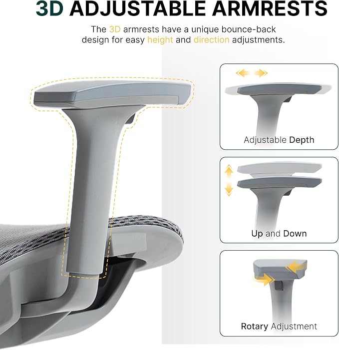 Ergonomic Mesh Office Chair, 3D Adjustable Armrests Desk Chair with 360° Swivel Silent Casters, 90°-120° Reclining Backrest Adjustable Gaming Chair for Home Office