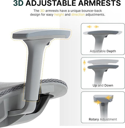 Ergonomic Mesh Office Chair, 3D Adjustable Armrests Desk Chair with 360° Swivel Silent Casters, 90°-120° Reclining Backrest Adjustable Gaming Chair for Home Office