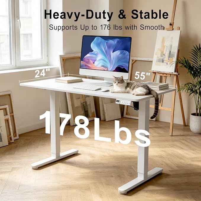 Electric Height Adjustable Desk, 55x24 Inches Standing Desk with 3 Memory Presets & Child Lock, Quiet Motor, Industrial Steel Frame, for Content Creator Desk, White