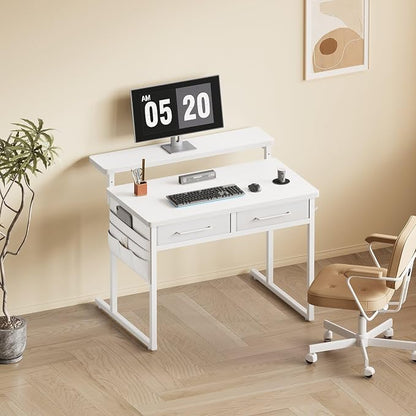 Maihail Small desk with Drawers, 31.5X15.8-22.9 Inches Office Computer Desk with Side Pocket & Ergonomic Adjustable Monitor Stand, Writing Table for Small Spaces, Kids desk, vanity desk Bedroom, White
