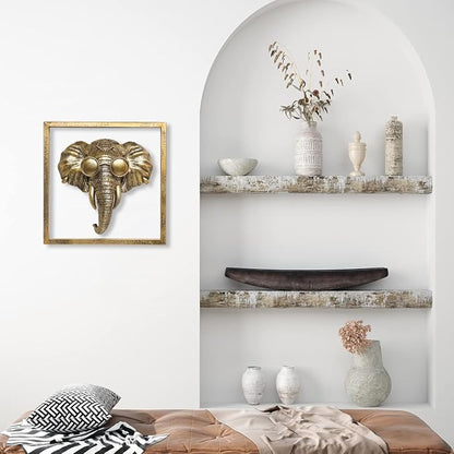 Newinhome Animal Heads Wall Decor (Includes Metal Frame) Resin Animals Sculptures Head Wall Hanging Decoration Gold vintage Wall Sculpture for Living Room Bedroom Office (Elephant)