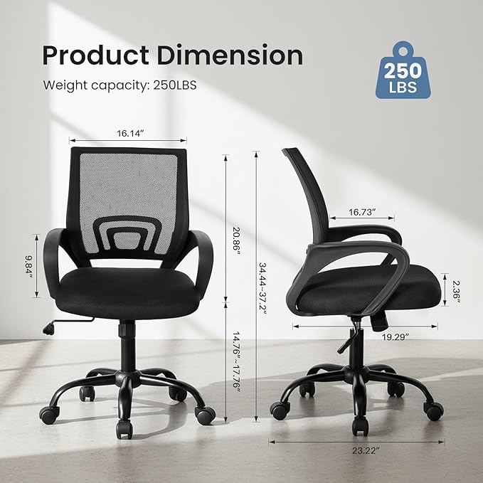 OLIXIS Office Desk Chair - Ergonomic Mid Back with Lumbar Support & Rocking Mode, Height Adjustable with Fixed Armrest, for Home, Computer, Gaming, Conference, Meeting, 360° Swivel, Black, 2 Pack