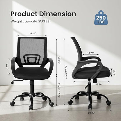 DUMOS Home Office Chair - Ergonomic Mid Back Mesh Desk Chair with Lumbar Support & Rocking Mode, Height Adjustable with Fixed Armrest, for Computer, Gaming, Meeting, 360° Swivel, Black