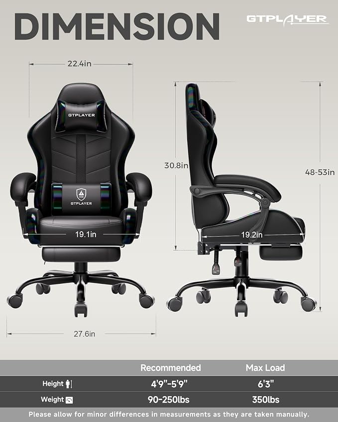 GTPLAYER Gaming Chair with Footrest, Computer Gaming Chair for Adults, Height Adjustable Gamer Chair with 90-155° Recline & Removable Headrest Lumbar Support, 01 Iridescent Black
