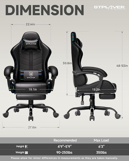 GTPLAYER Gaming Chair with Footrest, Computer Gaming Chair for Adults, Height Adjustable Gamer Chair with 90-155° Recline & Removable Headrest Lumbar Support, 01 Iridescent Black