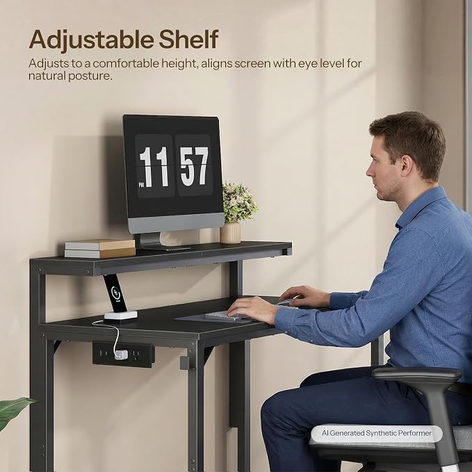 HOOBRO Small Computer Desk, 28.3" Desk for Small Spaces, Home Office Desk with Power Outlet & Adjustable Monitor Stand, Compact Desk with Storage, Writing Table for Bedroom, Office, Black BB38UDN01