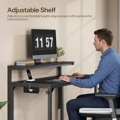 HOOBRO Small Computer Desk, 28.3" Desk for Small Spaces, Home Office Desk with Power Outlet & Adjustable Monitor Stand, Compact Desk with Storage, Writing Table for Bedroom, Office, Black BB38UDN01