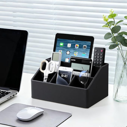 Desk Organizer Caddy with 5 Compartments for Office Art Supplies, PU Leather Nightstand Organizer Pencil Pen Desk Caddy for Home, Desktop TV Remote Control Holder Storage (Black)