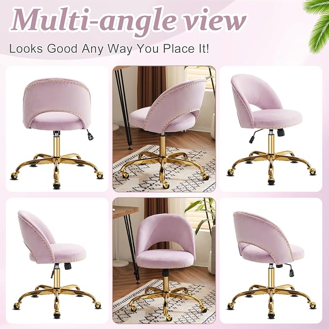 VINGLI Modern Velvet Small Office Chair,Cute Desk Chair With Wheels,Gold Base/Studs,Comfy Armless Swivel Vanity Task Chair For Women/Girl/Kids,Nail Tech Chair For Office,Small Space,Mauve Light Purple