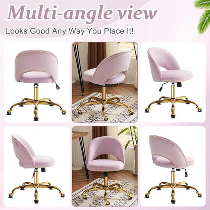 VINGLI Modern Velvet Small Office Chair,Cute Desk Chair With Wheels,Gold Base/Studs,Comfy Armless Swivel Vanity Task Chair For Women/Girl/Kids,Nail Tech Chair For Office,Small Space,Mauve Light Purple