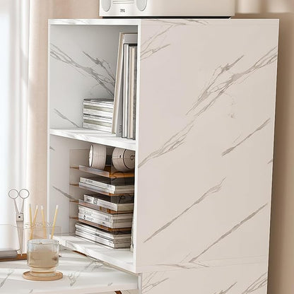 Fold Out Desk with Storage Shelves, Convertible Murphy Table, Mid Century Pull Out Home Office Desk with Mobile Wheels, Hidden Writing Desks for Small Spaces (White Marble)