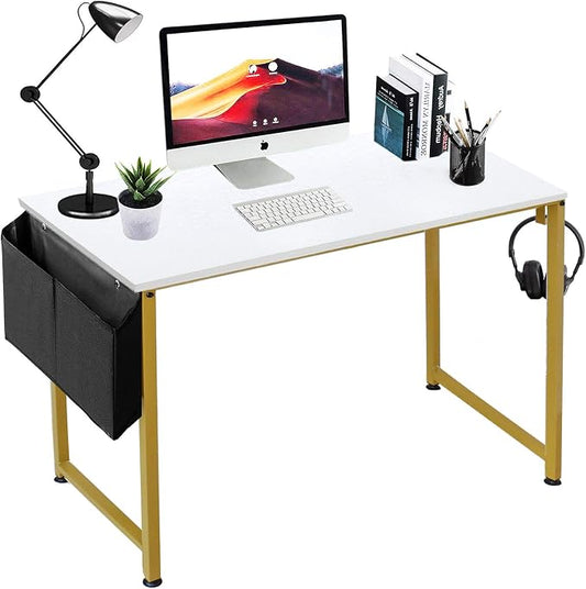 Lufeiya Computer Desk Small White Gold Writing Table for Home Office Compact Spaces 39 Inch Modern Student Study Desk,White Gold