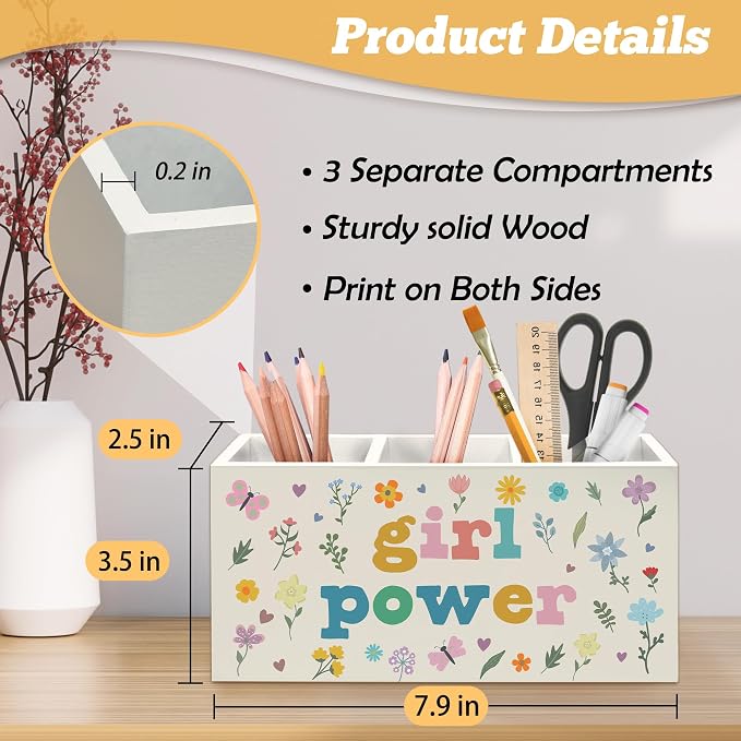 Boho Girl Power Pen Holder Organizer for Desk Accessories, Girls Room Decor, Inspirational Wildflower Wooden Box Sign Desk Decorations for Girls Room Bedroom Dorm Classroom Decor