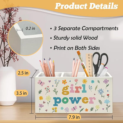 Boho Girl Power Pen Holder Organizer for Desk Accessories, Girls Room Decor, Inspirational Wildflower Wooden Box Sign Desk Decorations for Girls Room Bedroom Dorm Classroom Decor