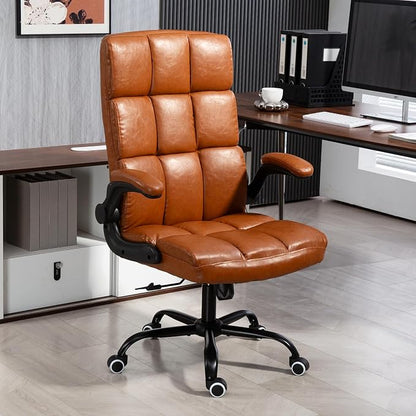 ECOTOUGE Executive Office Chair, PU Leather Ergonomic Comfy Desk Chair, High Back Computer Chair with Adjustable Tilt Angle and Flip-up Arms (Without Footrest Brown)