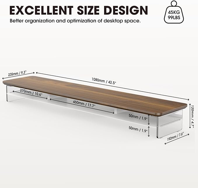 Fenge Acrylic Monitor Stand Riser, 42.5 Inches Dual Monitor Stand with Metal Storage, 2 Tier Acrylic Computer Riser for Desk, Clear Laptop Stand for PC, Laptop, Printer, TV, Brown