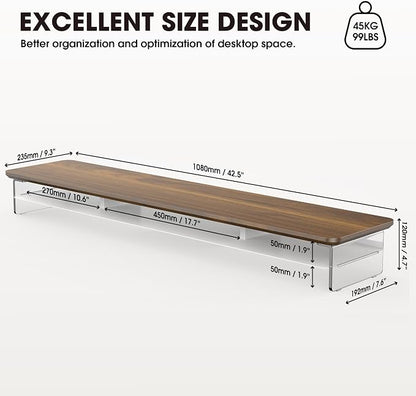 Fenge Acrylic Monitor Stand Riser, 42.5 Inches Dual Monitor Stand with Metal Storage, 2 Tier Acrylic Computer Riser for Desk, Clear Laptop Stand for PC, Laptop, Printer, TV, Brown