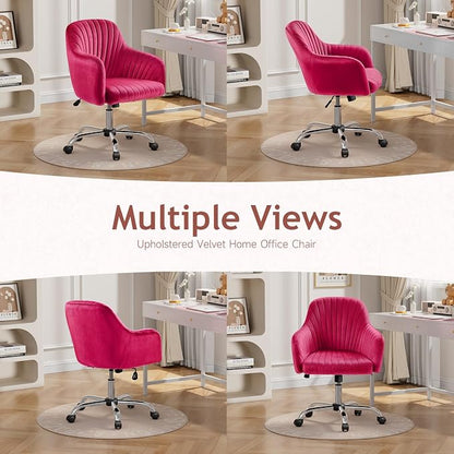 Warmiehomy Velvet Vanity Chair with Wheels, Desk Chair for Home Office, Cozy Office Chair with Arm Rest for Girl Women Bedroom, Hot Pink