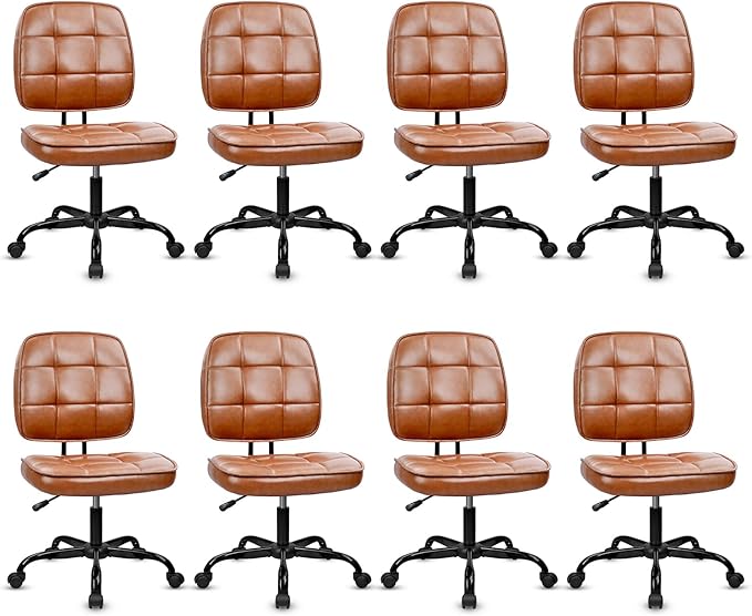 CLATINA Home Office Chair No Arms with Wheels, Armless Small Leather Ergonomic Low Back Desk Chairs Adjustable Height 360° Swivel Rolling Computer Task Chair for Work Conference Room, Brown, 8 Pack