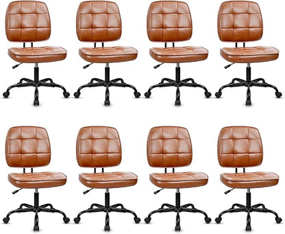 CLATINA Home Office Chair No Arms with Wheels, Armless Small Leather Ergonomic Low Back Desk Chairs Adjustable Height 360° Swivel Rolling Computer Task Chair for Work Conference Room, Brown, 8 Pack