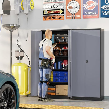 Metal Garage Storage Cabinets with Lock, 71" Tall Tool Cabinet with 2 Door and 4 Adjustable Shelves, Locking Garage Cabinets and Lockable Steel Locker for Home Office Warehouse-(Black Gray-71”H)