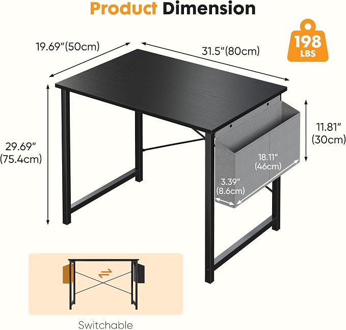 NEWBULIG Small Computer Desk for Bedroom 32 Inch Home Office Desks for Small Spaces Writing Gaming Work Study Table with Storage Bag Black