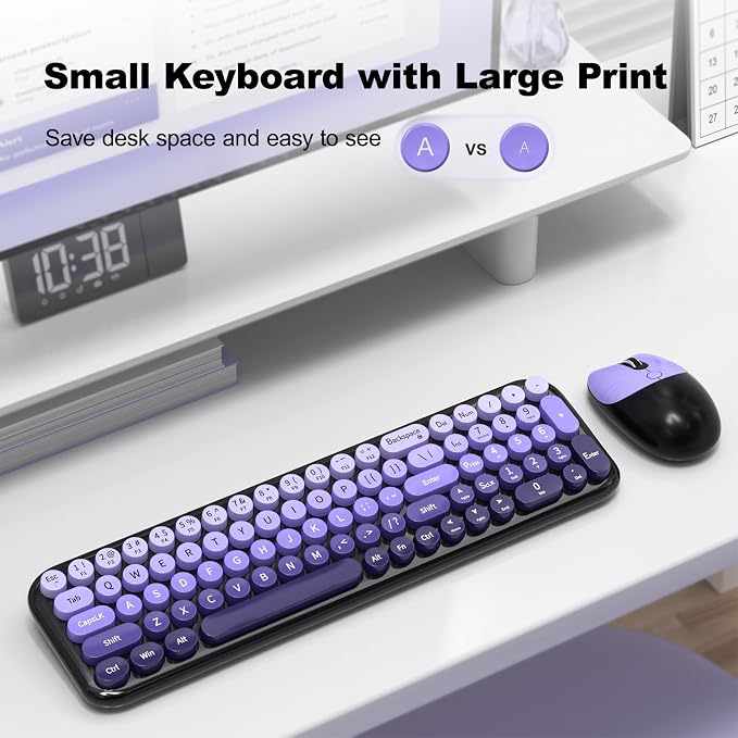 MOFII Wireless Keyboard and Mouse Combo, Compact Small Keyboard with Large Print, 2.4GHz Retro Typewriter Keyboard, Quiet Click Mouse for PC, Laptop, Desktop, Windows (Black Purple Gradient)