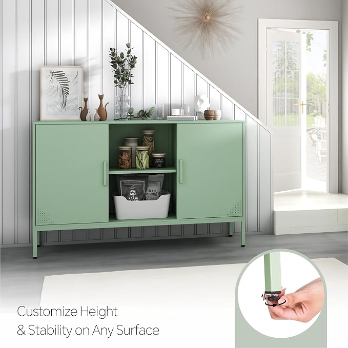 Steehoom Metal TV Stand for 65 Inch TV, Metal Storage Cabinet Sideboard Buffet Cabinet Coffee Bar 2 Door Locker Pantry for Office Home Kitchen (Green, 47.24" D x 13.78" W x 29.53" H)