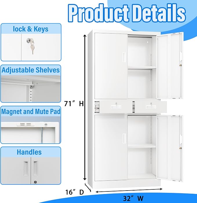 BESFUR Metal Storage Cabinet with 2 Drawers and Adjustable Shelves, 71" H Reinforced Heavy Duty Locking Storage Cabinet for Office, Garage, Home, School, Utility(White)