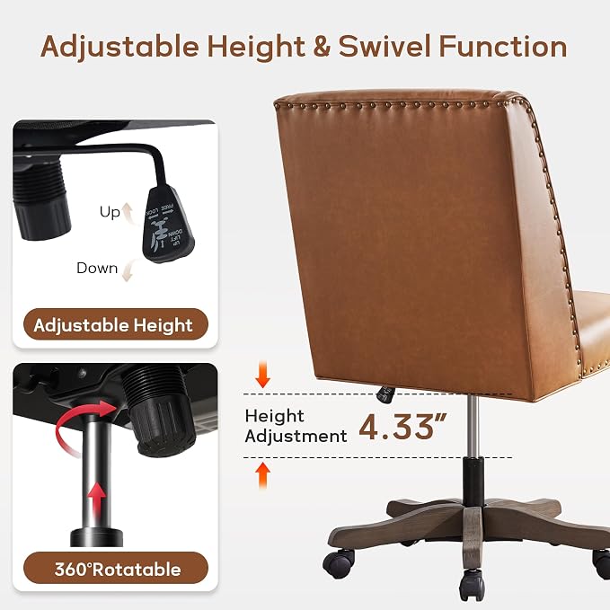 Zihanhome Armless Office Chair with Wooden Legs, Modern Adjustable Home Office Chair Computer Chair Swivel Chair for Home Office Study Studio (PU Brown)