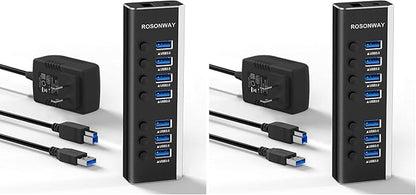 USB Hub 3.0 Powered Rosonway Aluminum 7 Ports USB 3.0 Data Hub Splitter with 24W (12V/2A) Power Adapter and Individual On/Off Switches USB Port Expander for PC and Laptop (RSH-A37S) (Pack of 2)