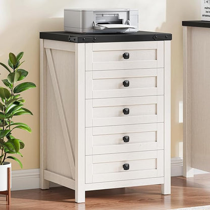 Halitaa 5 Drawer Storage Cabinet, Office Storage Cabinet with 5 Drawers, Small Farmhouse Printer Stand for Home Office, Rustic White and Black