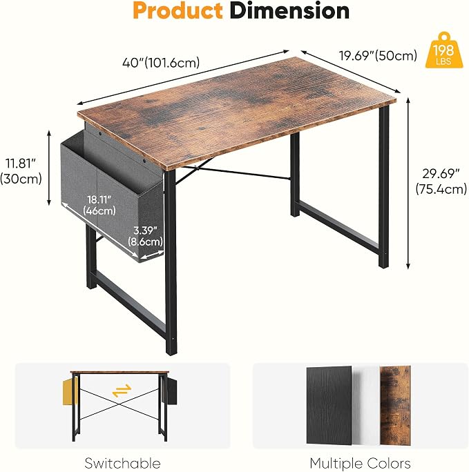 NEWBULIG 40 Inch Computer Desk Home Office Desks for Bedroom Writing Gaming Work Study Table with Storage Bag for Small Spaces, Modern Workstation in Rustic Brown