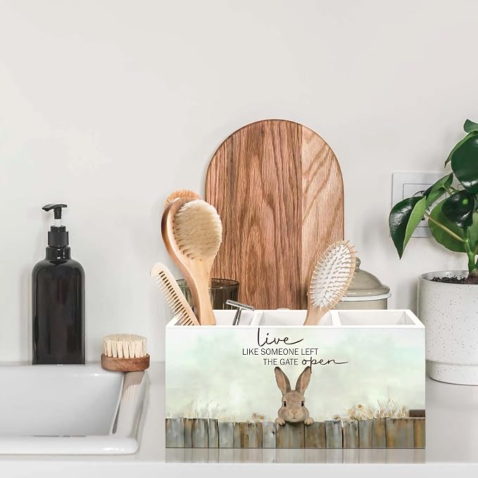 Bunny Gifts Pen Holder for Desk, Rustic Easter Bunny Rabbit Pencil Organizer, Live Like Someone Left The Gate Open Cabin Animal Wooden Pen Holder Desk Accessories Decor for Home Office