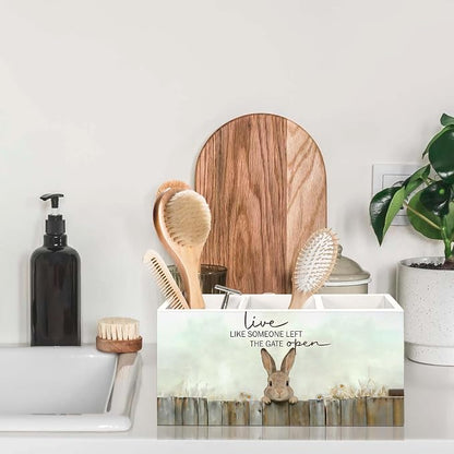 Bunny Gifts Pen Holder for Desk, Rustic Easter Bunny Rabbit Pencil Organizer, Live Like Someone Left The Gate Open Cabin Animal Wooden Pen Holder Desk Accessories Decor for Home Office