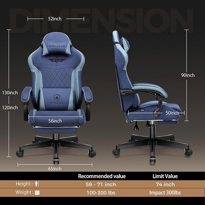 GTPLAYER Gaming Chair with Footrest, Big and Tall Game Chair High Back Computer Office Chair with Lumbar Support for Adults, Ergonomic Swivel Games Chair with Cushion Gaming, Fabric Blue