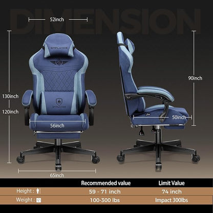 GTPLAYER Gaming Chair with Footrest, Big and Tall Game Chair High Back Computer Office Chair with Lumbar Support for Adults, Ergonomic Swivel Games Chair with Cushion Gaming, Fabric Blue